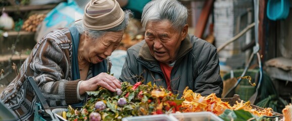 An Elderly Asian Couple Engages In Sustainable Living By Disposing Of Vegetable Peels, Feeling Responsible And Eco-Conscious