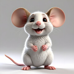 3D animated Cute Cartoon Render of a Smiling Stuffed Mouse Rigged Character 3D Rendered on a White Background.