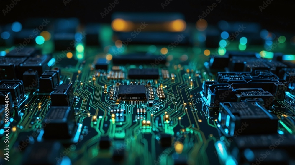 Poster close-up of illuminated electronic circuit board with microchips and components