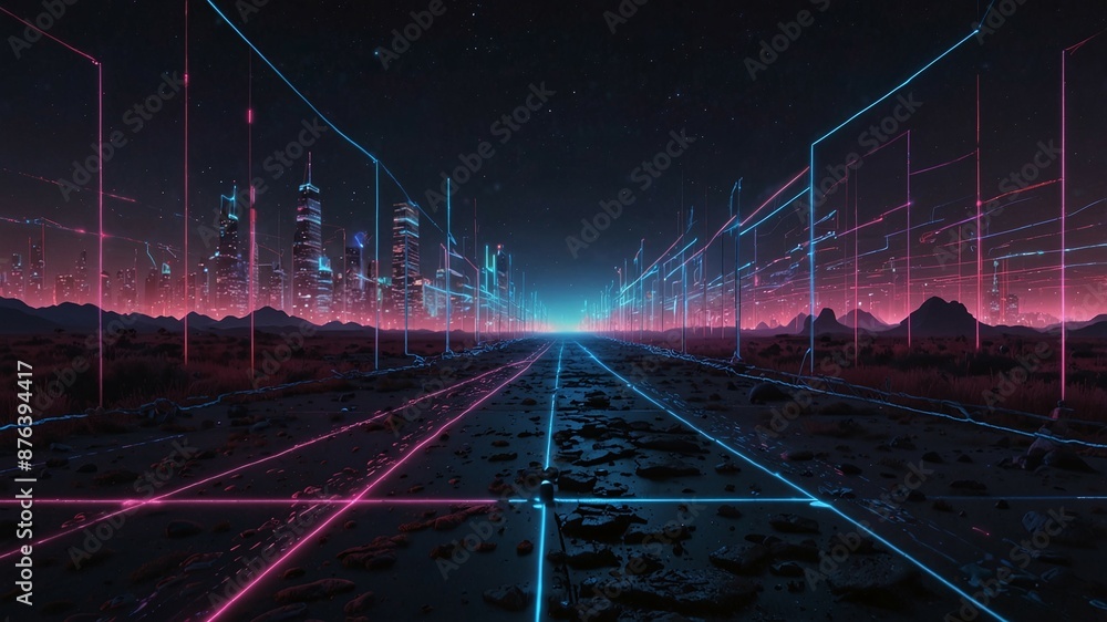 Poster futuristic neon-lit cityscape with virtual reality grid extending into distance