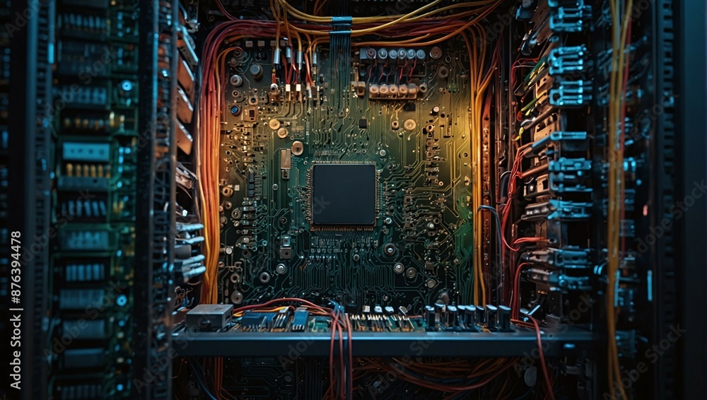 Aufkleber close-up of a complex computer motherboard with circuits, wires, and electronic components