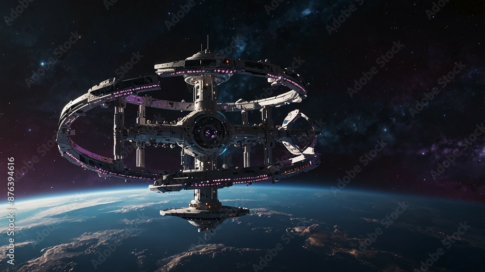 Poster advanced space station orbiting earth with a starry galaxy background in outer space
