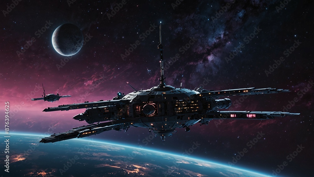 Poster futuristic spacecraft in deep space with earth in the background and a distant moon