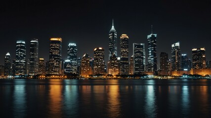 Illuminated city skyline reflecting on calm river at night with clear sky