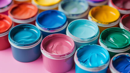Fototapeta premium Artist and creativity concept with a composition of numbered plastic paint containers on a Gainsboro color background. The set features acrylic paints in pastel colors, with selective focus.