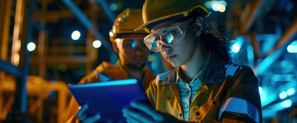 Engineers Wearing Protective Helmets Use A Tablet For Analytics, Their Faces Glowing With Confidence And Teamwork