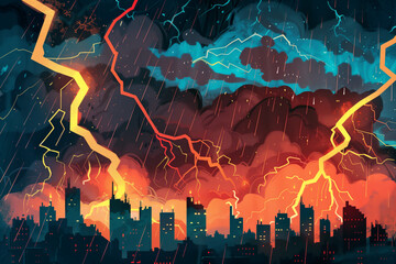 illustration of lightning and thunder in the night city with buildings silhouettes.
