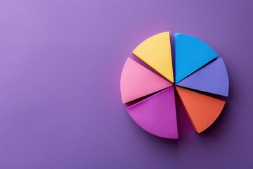 Obraz premium Colored paper circles arranged as a pie chart Purple background Flat lay High quality, no realistic photo details