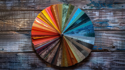 Color samples arranged in a circle on a wooden table.