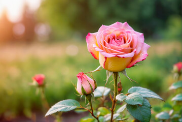 Fototapeta premium Blooming Pink and Yellow Rose in a Garden.