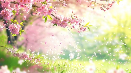 Pink Cherry Blossoms Falling in Spring Meadow