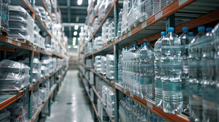 Fototapeta premium Hangar warehouse with rows of shelves filled with transparent plastic bags containing bottled mineral water, showcasing the ready-made factory production.