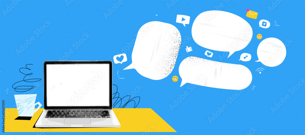 Fototapete collage graphic design banner with workspace and coffee and laptop mockup and speech bubbles. online