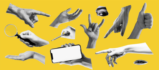 Set of hands gestures at the popart style and halftone effect on the bright yellow background. Trendy zine dadaizm elements isolated as a png. Vintage white and black retro collection.