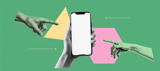 Pop art collage banner with two hand are touching a phone mockup with empty screen. Teamwork  app development concept. Send and trust. Halftone element on green abstract geometric bg. Bright and bold