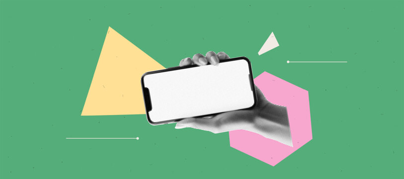 Geometric abstract bg with halftone collage elements. Hand hold phone with empty screen. App cover mockup. Bold and bright popart banner. Vector illustration in bright and bold trendy popart style.