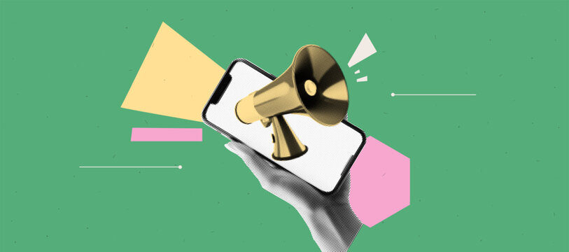 Geometric abstract bg with halftone collage elements. Hand hold phone with empty screen and loudspeacker. App cover mockup. Vibrant banner. Vector illustration in bright and bold trendy popart style.