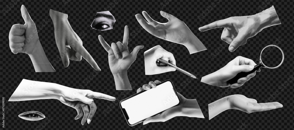 Wall mural set of hands gestures at the popart style and halftone effect on the transparent grid background. tr