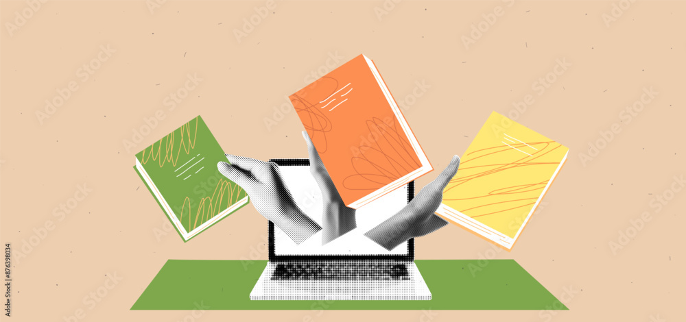 Fototapete collage graphic design banner with laptop mockup and hands with books. ebooks and online library bac