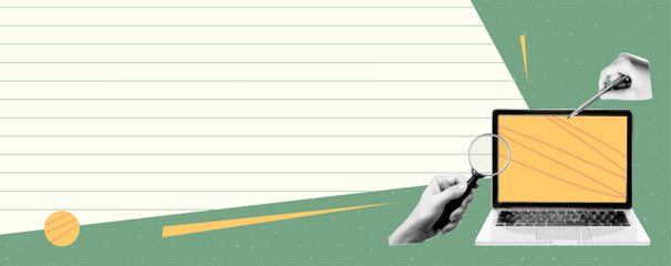 Collage banner with space for text and notes. Hands with pencil and magnifying glass. Paper cutout vector elements with scribble and grain texture. Green and yellow colors