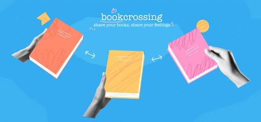 Collage banner theme of the bookcrossing. Cutout hands with cartoon doodle books with scribble texture. Education concept. Vector school background. Library exchange .