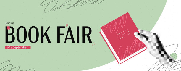 Collage banner theme of the book fair. Cutout hand with cartoon doodle book with scribble texture. Education concept. Vector design background with halftone elements.