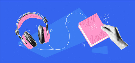Collage graphic design banner with headphones and hands with books. Ebooks and online library background. Education concept. Popart trendy illustration with halftone elements. Dada zine.
