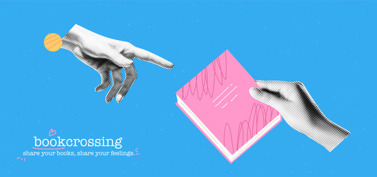 Collage banner theme of the bookcrossing. Cutout hands with cartoon doodle books with scribble texture. Education concept. Vector school background. Library exchange