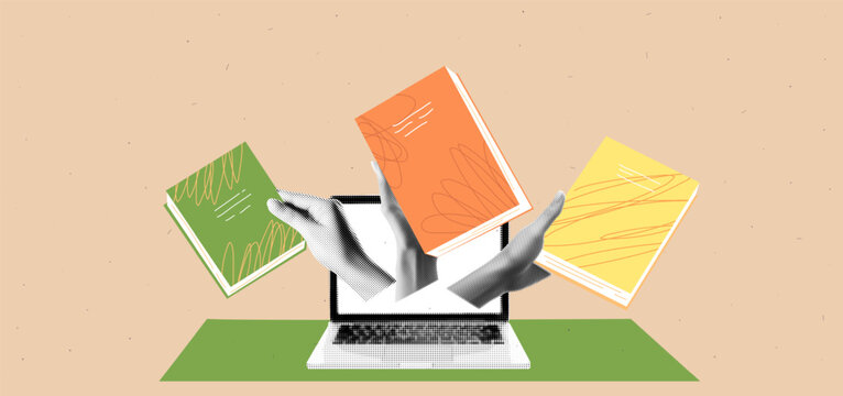 Collage graphic design banner with laptop mockup and  hands with books. Ebooks and online library background. Education concept with workspace. Popart trendy illustration with halftone elements. 