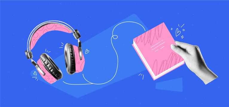 Collage graphic design banner with headphones and hands with books. Ebooks and online library background. Education concept. Popart trendy illustration with halftone elements. Dada zine.