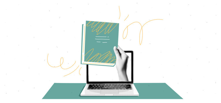 Collage graphic design banner with laptop mockup and handwith books. Ebooks and online library background. Education concept with workspace. Popart trendy illustration with halftone elements. 