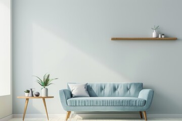 Scandinavian living room with wooden shelf, blue sofa, coffee table in pastel interior design mockup