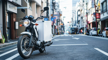 A white delivery box installed on a motorcycle stands on the road, representing service, delivery, and transportation in an urban city environment. Ideal for business and vehicle-related concepts.