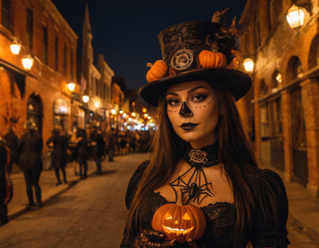 niji style, a gorgeous day of the dead girl, steampunk city, halloween theme
