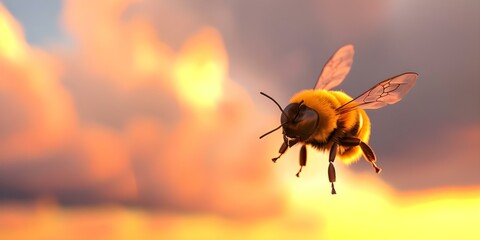3D cartoon bee happily flying in front of a sunset landscape. Concept Cartoon Bee, Sunset Landscape, 3D Animation, Outdoor Scene