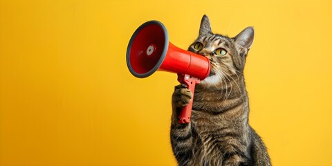 "Feline Advocacy Cat with Megaphone on Yellow Background for Humorous Promotions". Concept Animal Rights, Humor, Advertisement, Social Media Campaigns