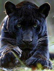 Close-up of a black panther lying down, staring directly at the camera