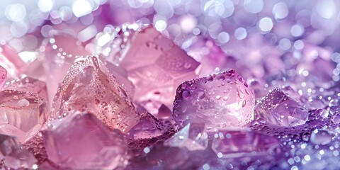 Incorporating Pink Quartz Amethyst Crystals with Water Droplets in Cosmetic Product Design. Concept Crystal Healing, Crystal Infusion, Water Element, Cosmetic Design, Pink Quartz Amethyst