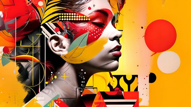 Close-up of a woman's face with abstract art design in bold colors and geometric shapes