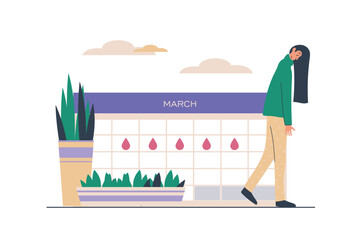 Critical days web concept with people scene in flat design. Woman takes care herself in her menstrual period, marks dates on calendar with drops. Vector illustration with character situation for web