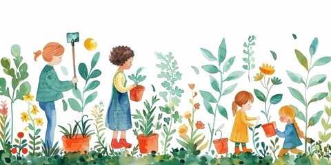 Fototapeta premium Community Garden Tools An illustration of kids and adults using various gardening tools like spades