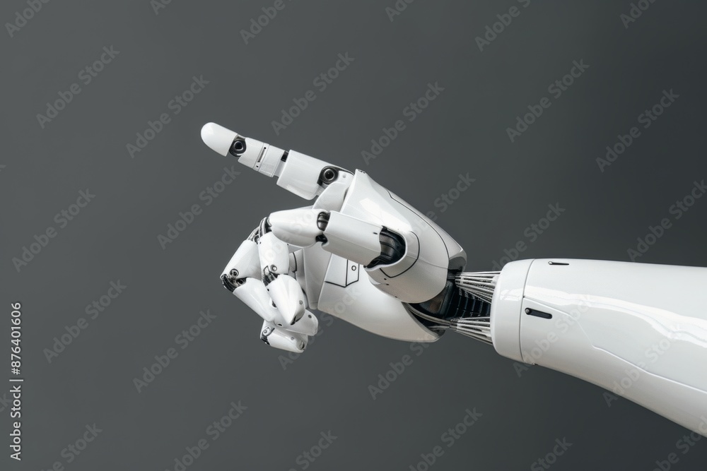 Aufkleber robotic hand pointing with copy space, artificial humanoid hand on gray background