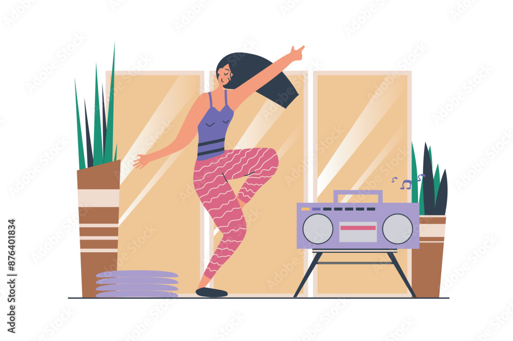 Poster Dancing web concept with people scene in flat design. Woman training modern dance in studio class, moving and listening music at record player. Vector illustration with character situation for web