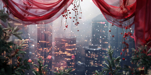 Festive Cityscape with Red Decorations and Snowfall creating a Christmas Holiday Atmosphere romantic winter concept