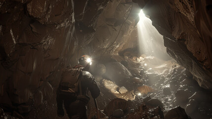 Miners with Headlamps Exploring Underground Cave with Rocky Walls and Dim Lighting in Subterranean Environment