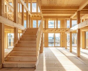 Obraz premium Cozy wooden house under construction with pine walls, stairs, and panoramic windows in natural light