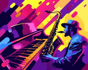 Abstract jazz music poster design featuring various instruments for concert festival