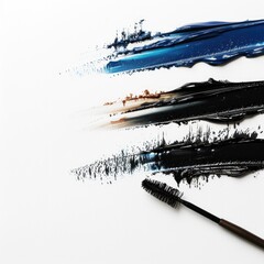 Top view black, blue and brown mascara on white background, empty space.