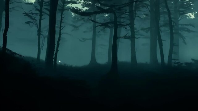 Mysterious moonlit forest with foggy atmosphere