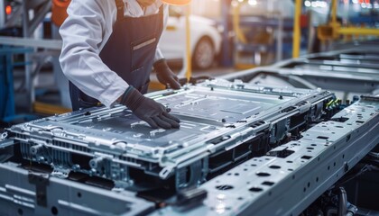 Chinese engineer developing electric vehicle battery modules in ev manufacturing plant